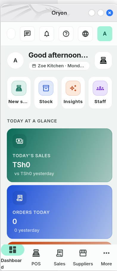 The Oryon mobile dashboard with quick actions for sales, stock, insights and staff.